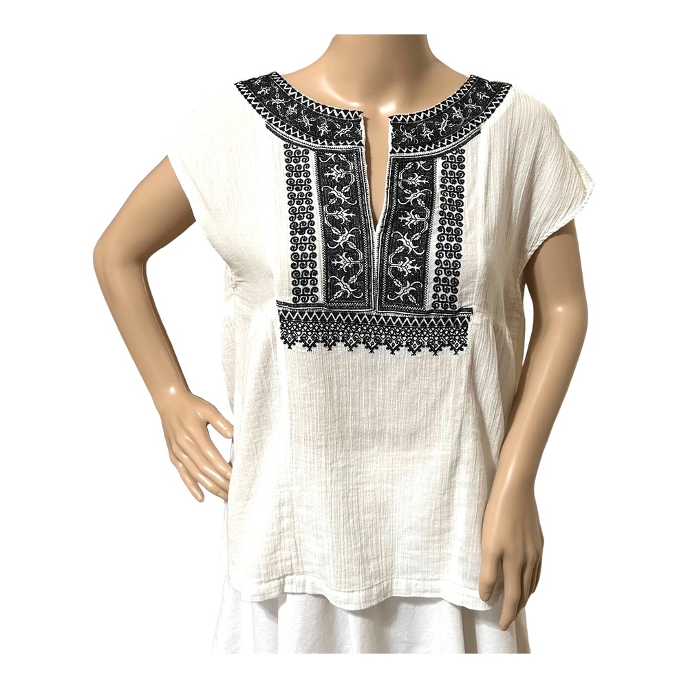 Madewell Women's Embroidered Top Blouse M‎ White Black Gauze Boho Hippie Peasant